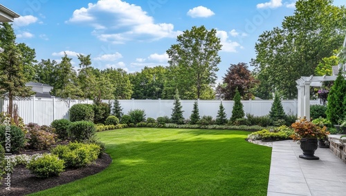 Wallpaper Mural Lush green backyard with manicured lawn, shrubs, and white fence under a bright sky. Torontodigital.ca