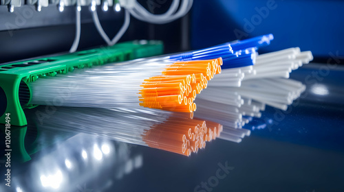 Medical tubing production, factory floor, organized bundles, clean reflective surface, industrial process