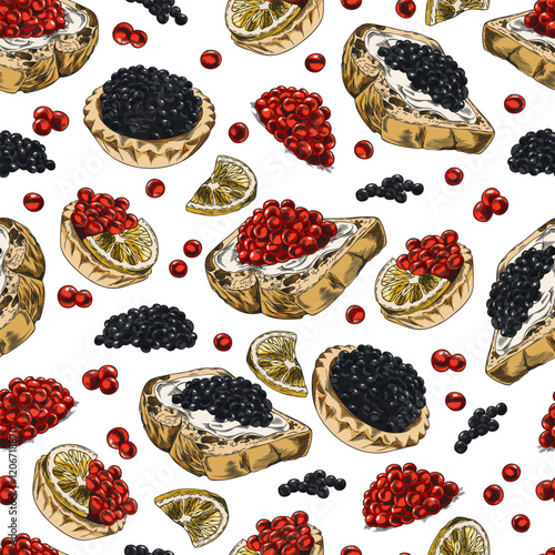 Contour illustration of seamless background with red and black caviar in tartlets and sandwich.