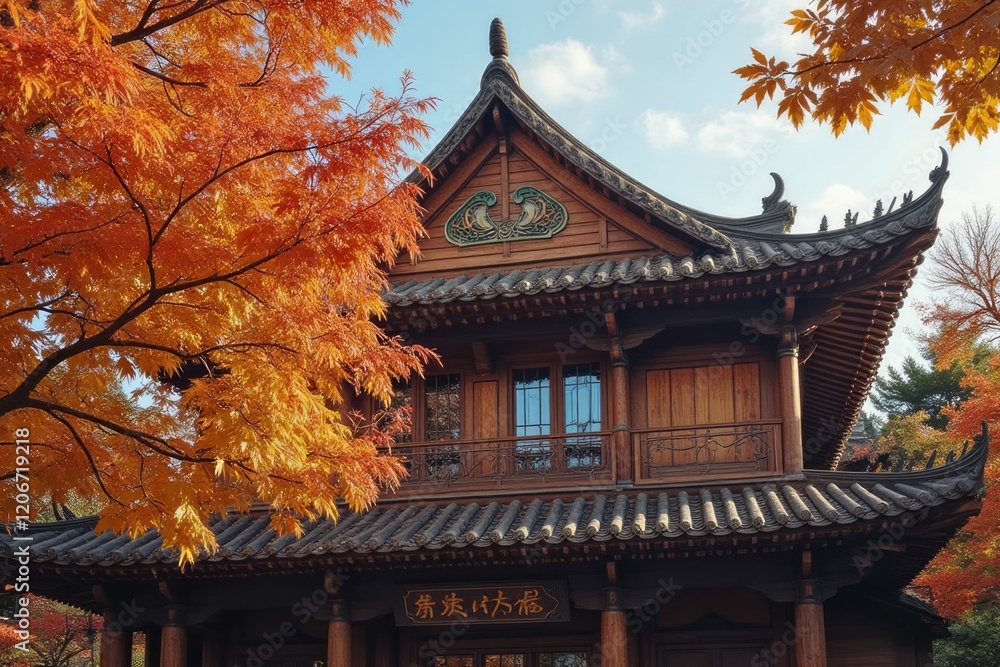 Autumn Leaves Frame a Traditional Wooden Chinese Pavilion Autumn Leaves Frame a Traditional Wooden Chinese Pavilion