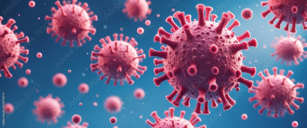 Microscopic Virus: A detailed 3D rendering of a cluster of viruses, highlighting their intricate structure and potential for infection. Microscopic Virus: A detailed 3D rendering of a cluster of viruses, highlighting their intricate structure and potential for infection.