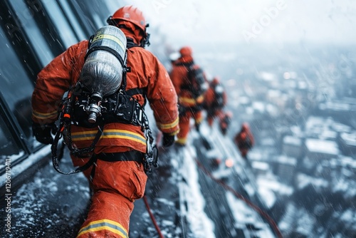 Brave firefighters in orange uniforms scale a high-rise building amidst a snowstorm. They are using ropes and harnesses to navigate the slick, icy surfaces, showcasing their commitment and skill photo