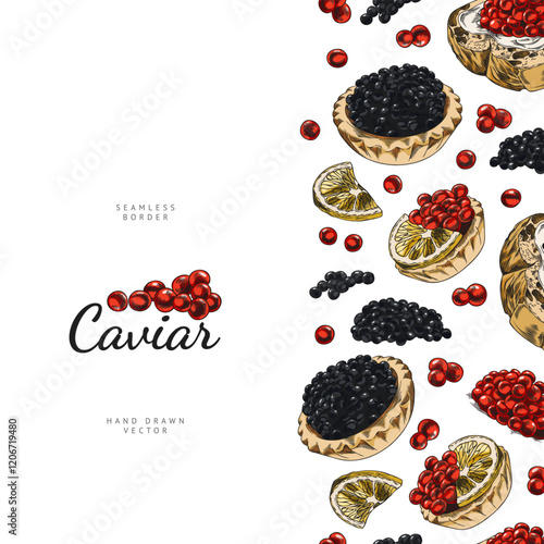 Illustration of a poster with a seamless frame of red and black caviar in tartlets and sandwiches.