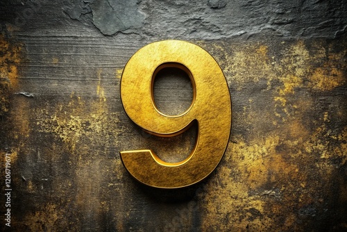 Bold Gold Number Nine on Distressed Metal Background - Artistic Design Element photo