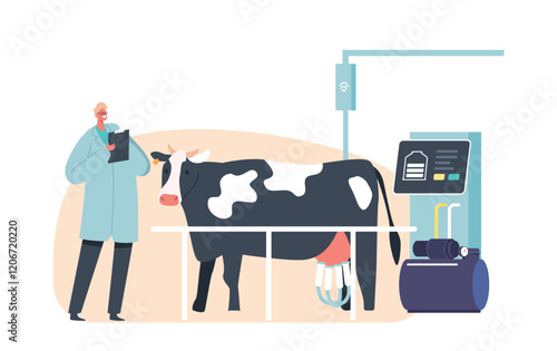 Livestock Worker Male Character Managing The Milking Process Of Cow. The Person Uses A Machine To Milk Cow Efficiently