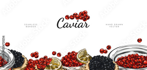 Vector seamless banner with red and black caviar on the bottom border.