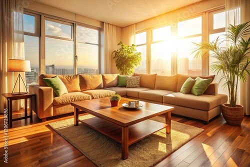 Silhouette of Sectional Sofa in Bright Living Room - Modern Interior Design Stock Photo