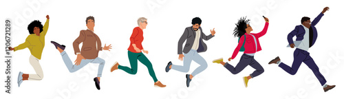 Set of different business people jumping for joy, celebrating success. Cartoon excited female and male characters in casual clothes. Vector realistic illustration isolated on transparent background
