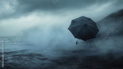Resilient Black Umbrella Facing Harsh Wind and Rain in Stormy Weather