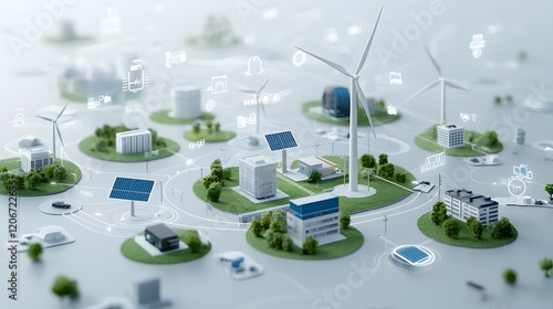 Conceptual 3D of a smart grid system that seamlessly integrates wind and solar energy with urban and rural power consumers showcasing a modern efficient and sustainable energy infrastructure