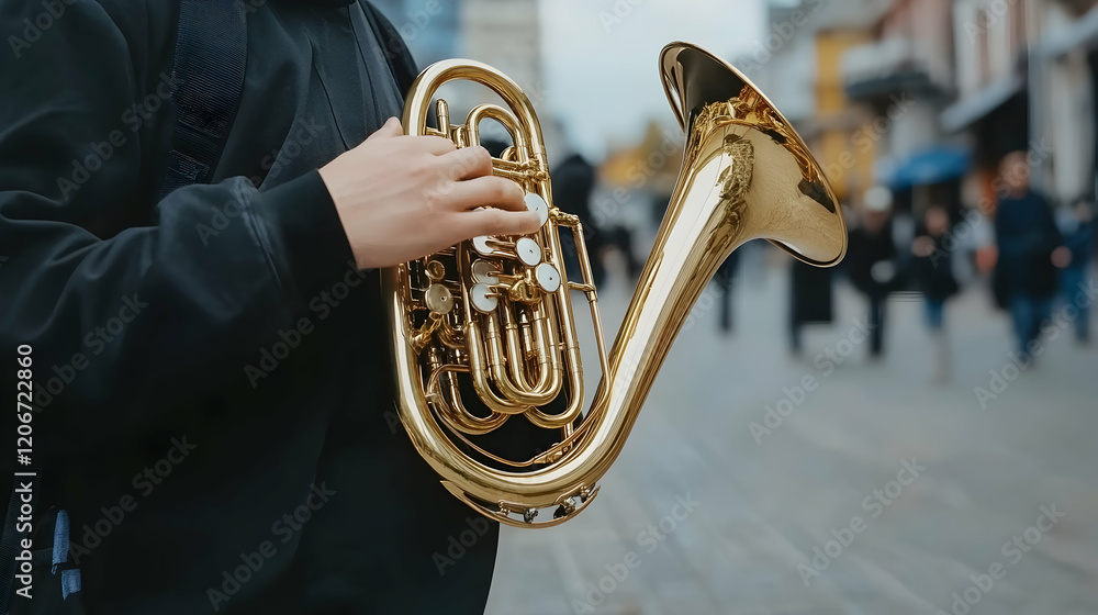 Fototapeta premium Musician playing horn in city street, blurred crowd background; stock photo for music, travel, or city life articles