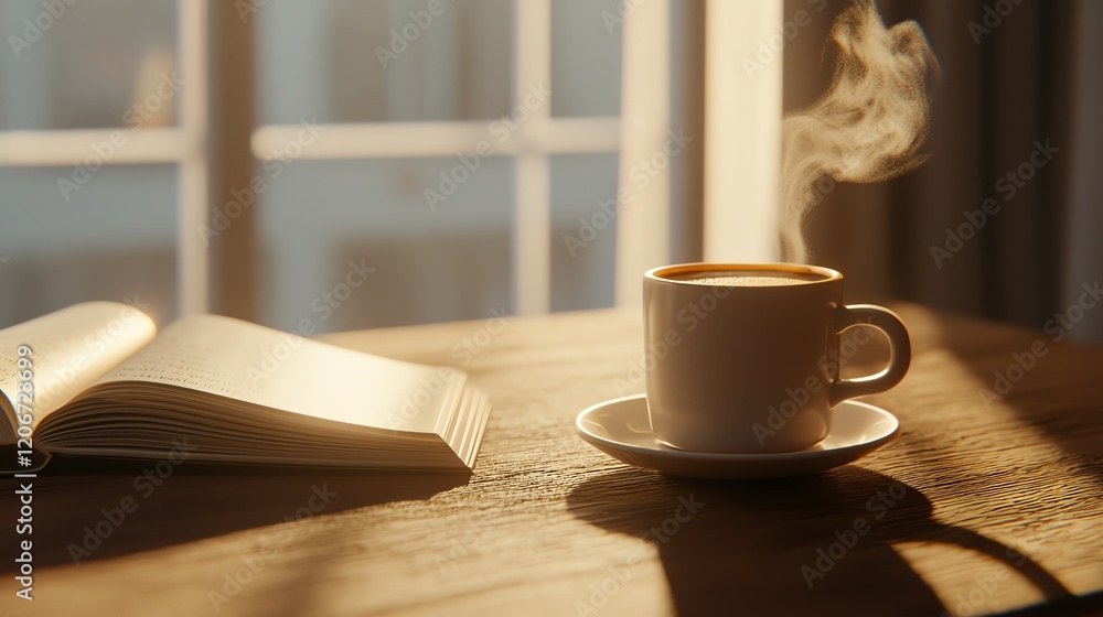 A cozy scene featuring a steaming cup of coffee beside an open book, illuminated by warm sunlight streaming through a window. A cozy scene featuring a steaming cup of coffee beside an open book, illuminated by warm sunlight streaming through a window.