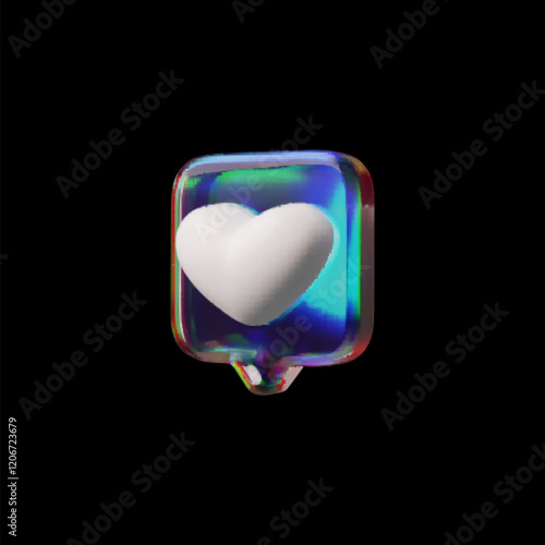 3D glossy glass holographic speech bubble with heart vector icon, feedback square dialogue cloud, like emoji love symbol