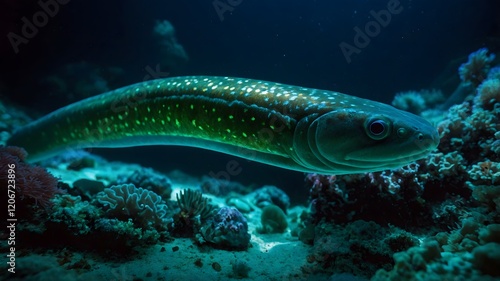 European Eel Illuminated by Bio luminescent Organisms in a Mystical Nighttime Underwater Scene