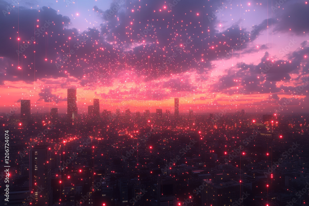 Fototapeta premium vibrant city skyline at sunset, illuminated by sparkling lights and colorful sky. scene captures beauty of urban life with magical atmosphere