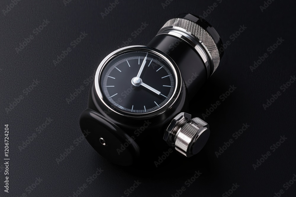 Oxygen pressure gauge concept. Sleek black watch with silver details on a dark surface. Oxygen pressure gauge concept. Sleek black watch with silver details on a dark surface.