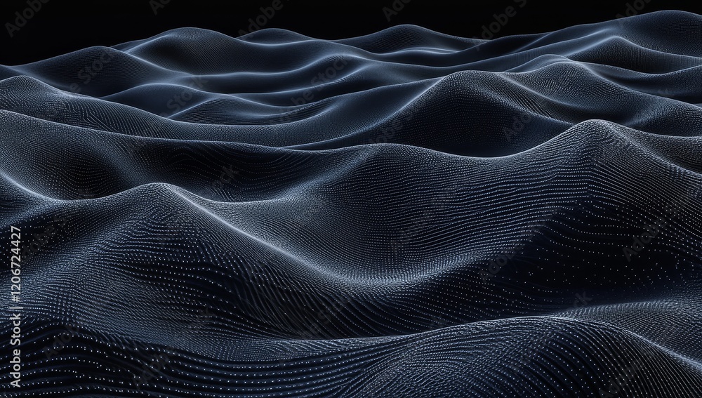 Abstract dark blue wavy surface with glowing dots. Abstract dark blue wavy surface with glowing dots.