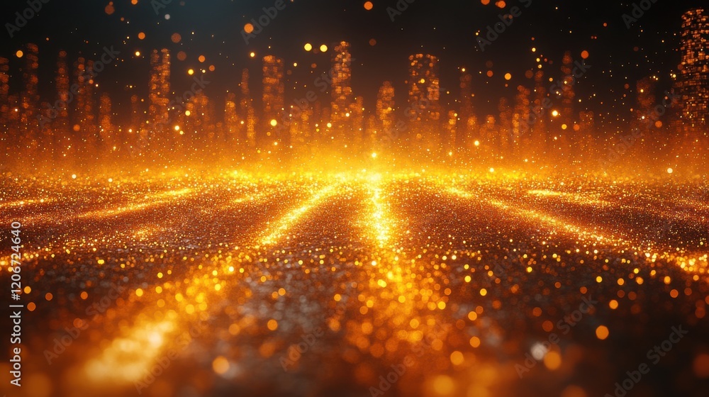 Fototapeta premium A bright yellow and orange gradient background with light rays, Bright orange background with light rays and city skyline, 