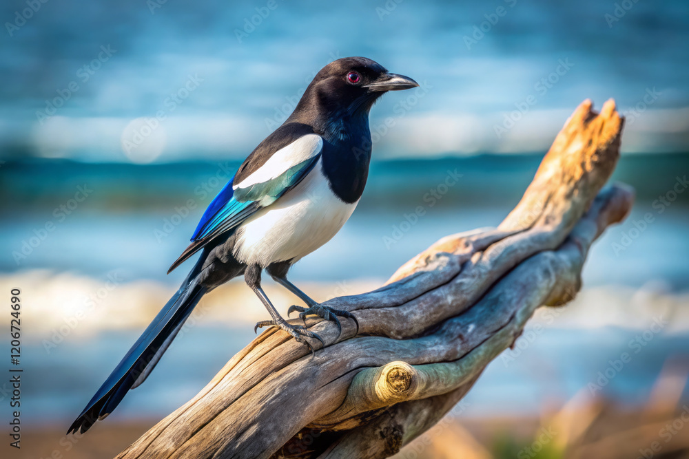 Fototapeta premium coastal magpie perched on driftwood branch, showcasing its glossy feathers