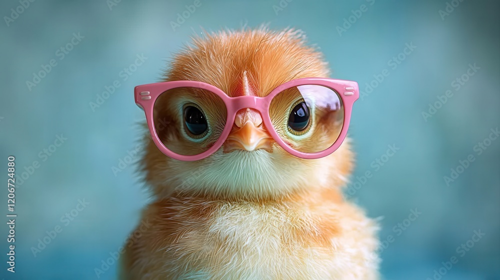 Cute chick wearing pink glasses, cartoon style. Cute chick wearing pink glasses, cartoon style.