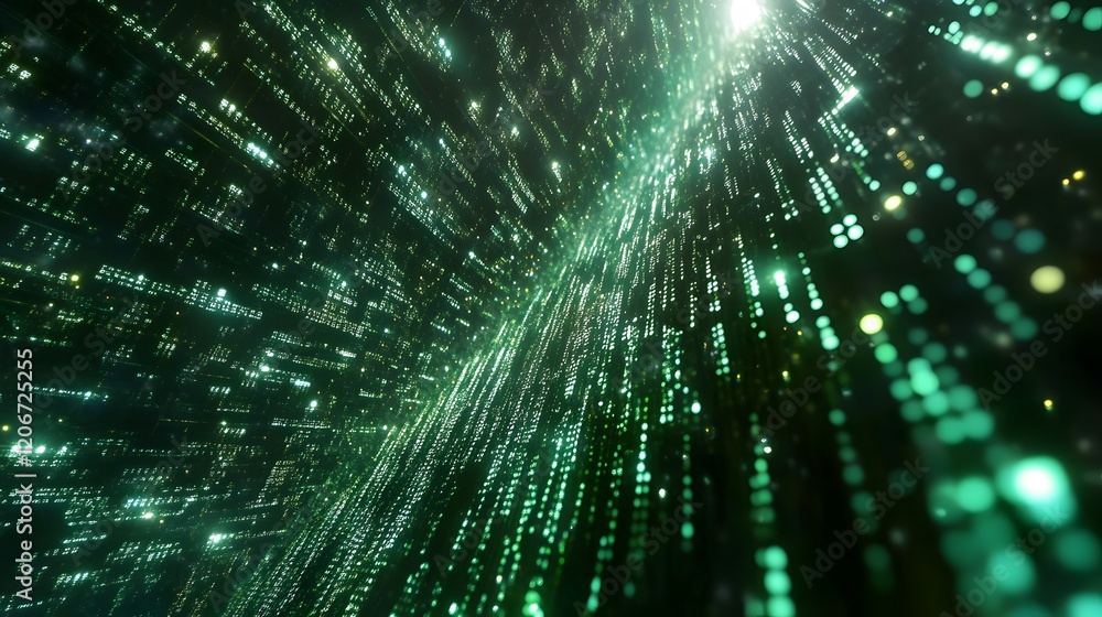 Binary code background, green color, matrix, with lines creating a futuristic atmosphere, conveying a technological atmosphere