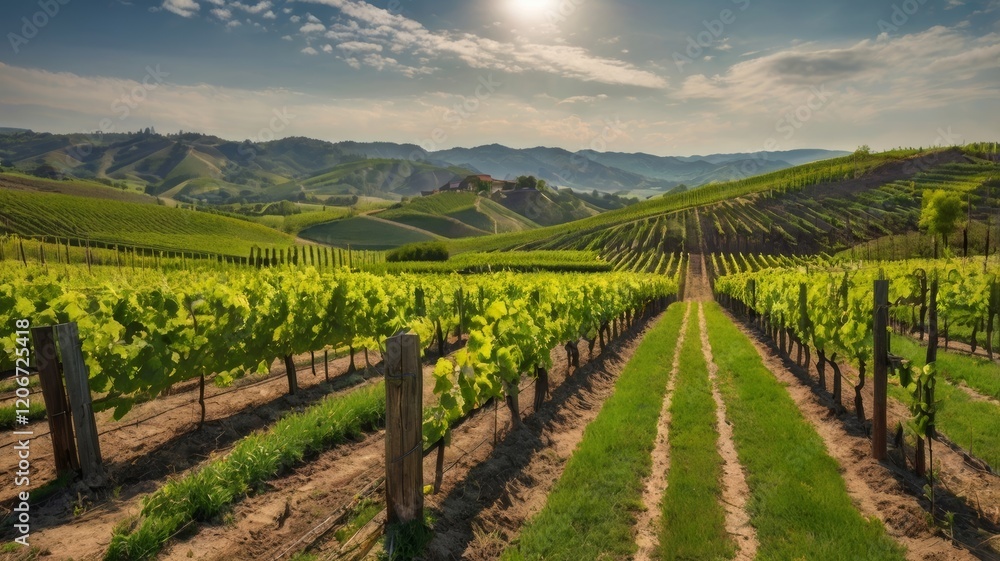 Naklejka premium Lush vineyard rows stretching across rolling hills under a bright sunny sky landscape