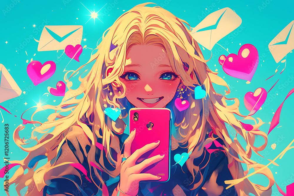 Young woman with long blonde hair smiling at her smartphone, surrounded by colorful hearts and messages Young woman with long blonde hair smiling at her smartphone, surrounded by colorful hearts and messages