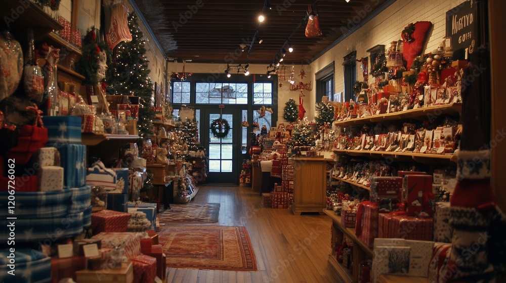 Fototapeta premium Festive shop interior, Christmas gifts, wooden floors, snowy street view, holiday shopping