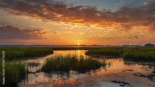 Golden Sunrise over a Wetland with a Flock of Birds Taking Flight at Dusk