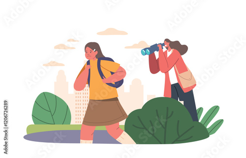 Mother Character Spying For Daughter Through Binoculars While She Walking To School. Parental Supervision, Illustration