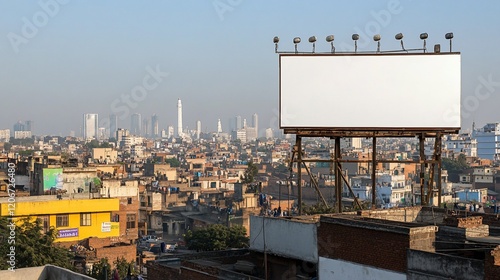 Blank billboard overlooking city skyline, urban rooftop, advertising mockup