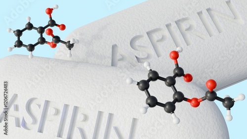 Billede på lærred 3d rendering of aspirin drugs and floating acetylsalicylic acid molecule