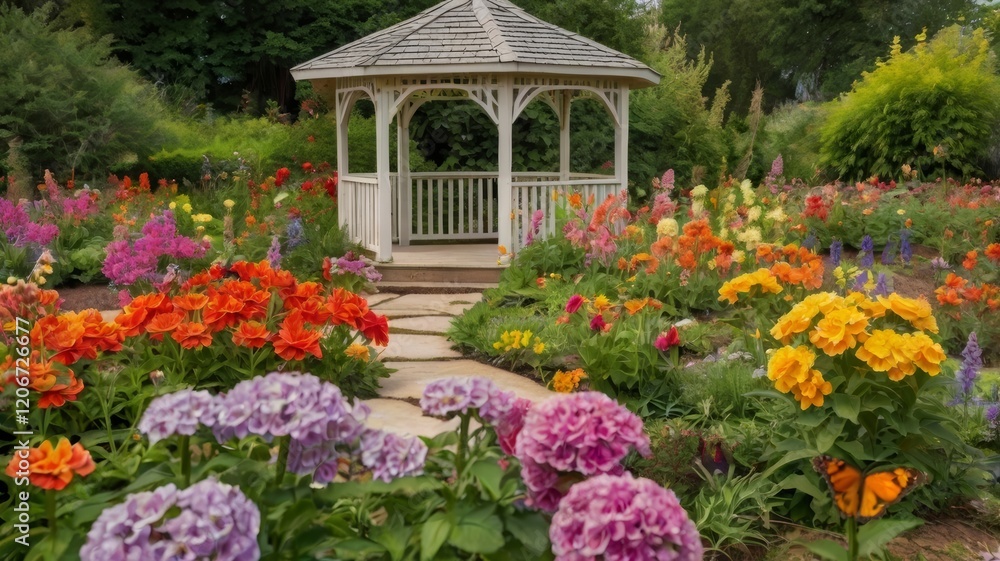 Idyllic Garden Gazebo with Vibrant Flowers and a Monarch Butterfly Scene Idyllic Garden Gazebo with Vibrant Flowers and a Monarch Butterfly Scene