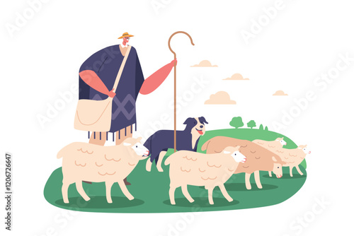 Shepherd Male Character And Dog Herding Sheep Using Vocal Commands And Physical Cues. The Dog Navigates