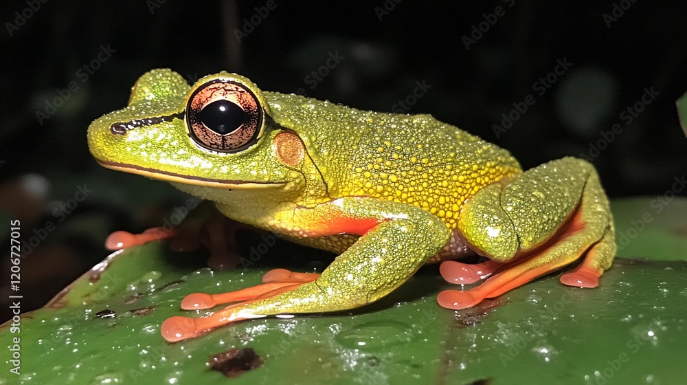 Fototapeta premium Rainforest frog, perched, leaf, night, dew, jungle, wildlife, amphibian, nature, photography