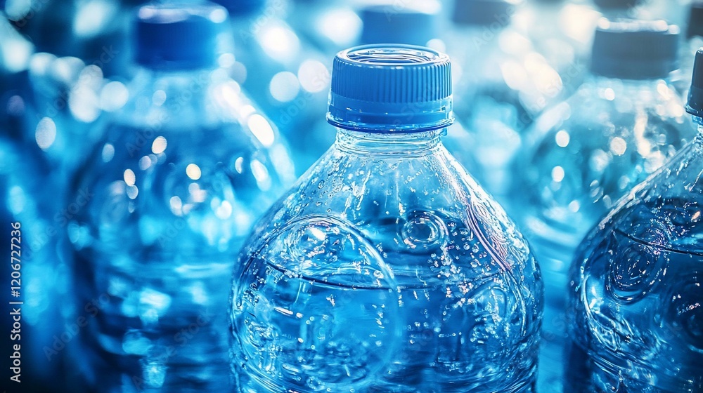 Bottled water, close-up, factory, sunlight, refreshment Bottled water, close-up, factory, sunlight, refreshment