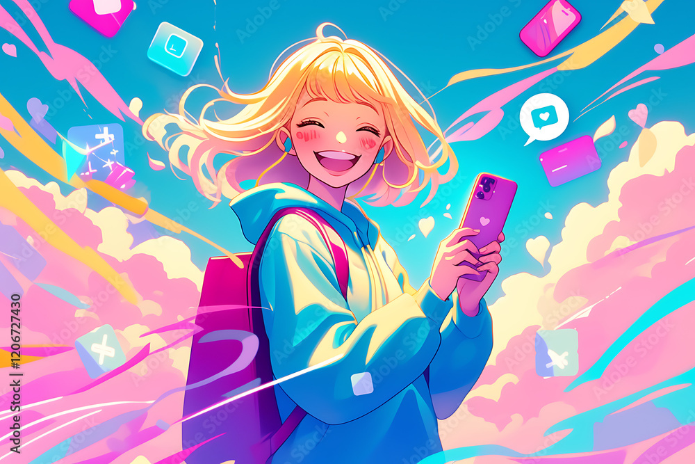 Cheerful girl with smartphone in vibrant digital landscape, surrounded by social media icons and colors