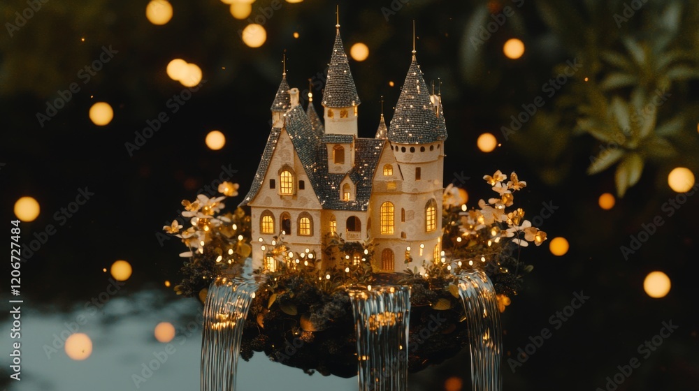 Obraz premium Enchanting illuminated fairy tale castle surrounded by glowing lights over cascading water and serene natural setting