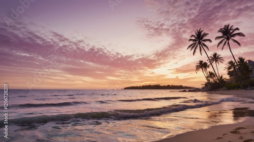 Serene beach at sunset with pastel clouds and palm trees, creating a tranquil tropical vista