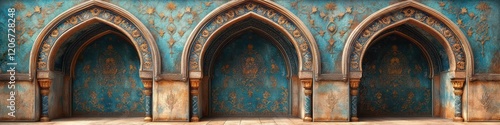 Three Ornate Blue and Gold Arches: A Majestic Architectural Design