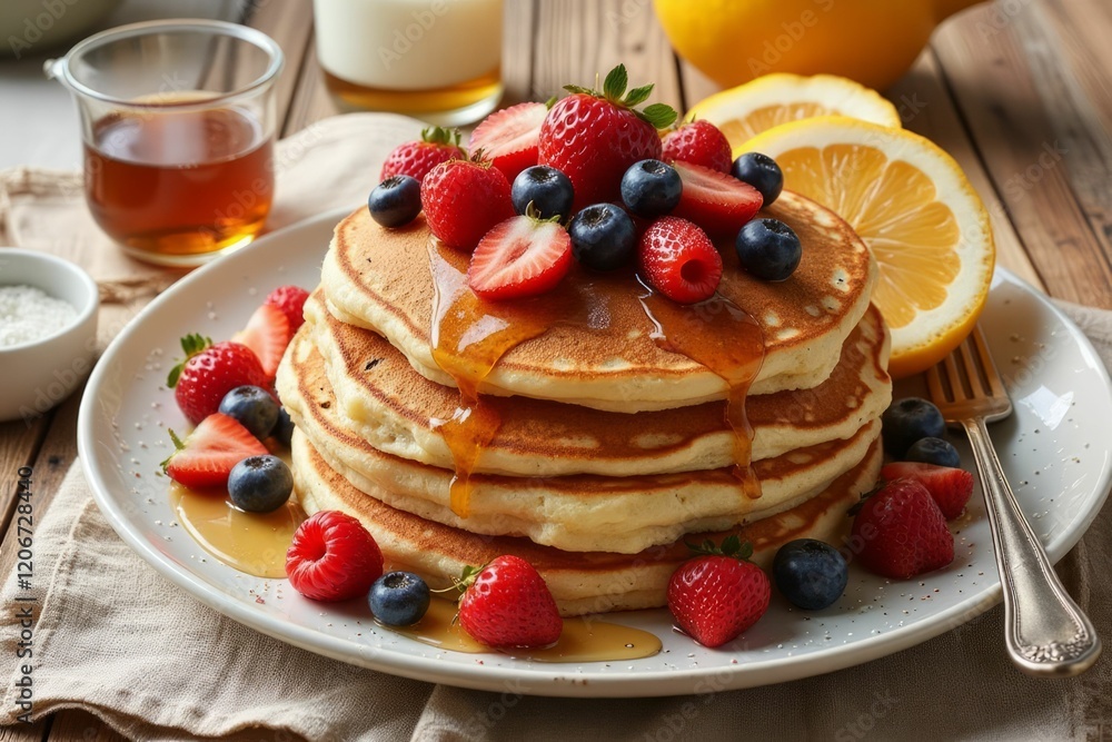 Delicious Pancakes Topped With Berries And Syrup Delicious Pancakes Topped With Berries And Syrup