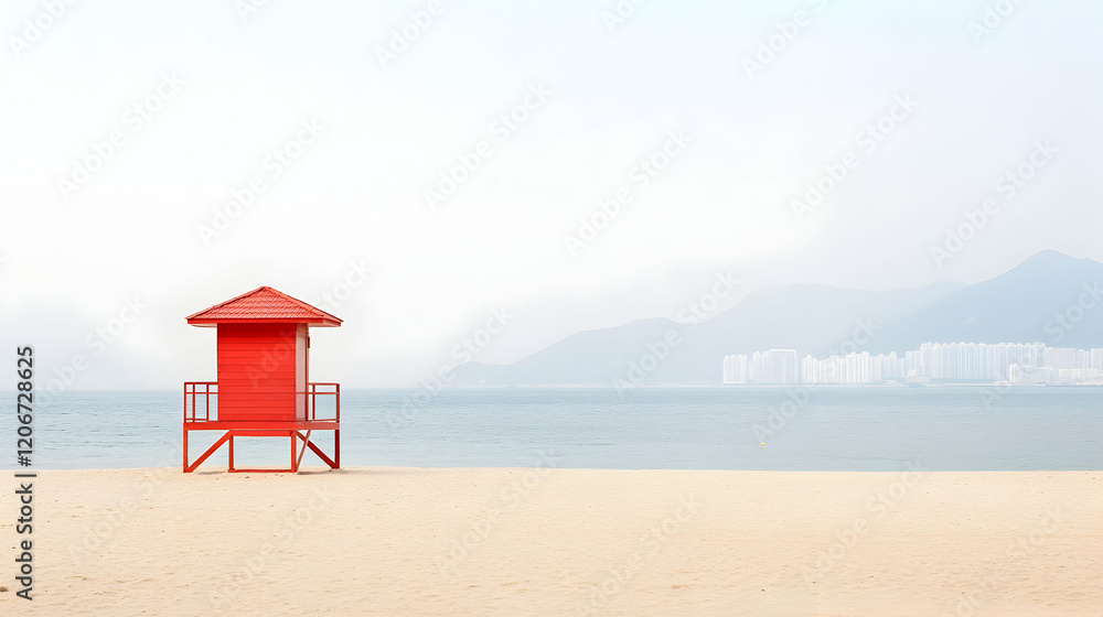 Red lifeguard tower on sandy beach, hazy mountains in background; perfect for travel brochures Red lifeguard tower on sandy beach, hazy mountains in background; perfect for travel brochures
