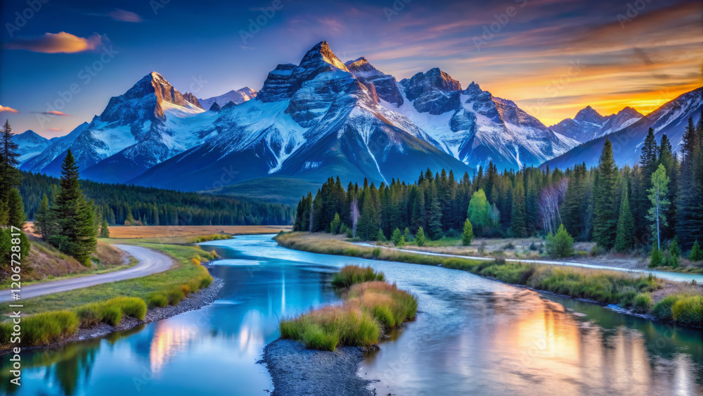 Fototapeta premium Breathtaking mountain landscape at blue hour with river and forest
