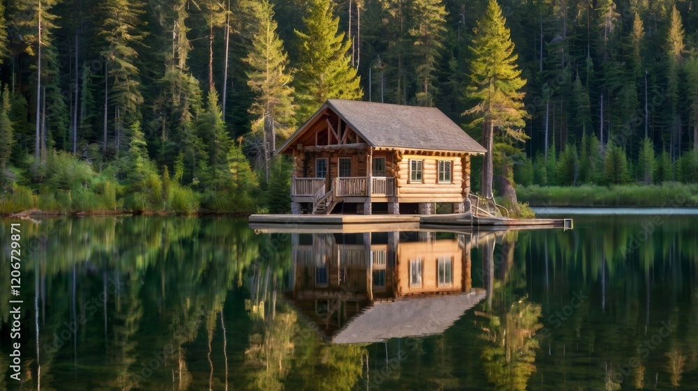 Secluded log cabin reflects in the calm water surrounded by a dense forest landscape Secluded log cabin reflects in the calm water surrounded by a dense forest landscape