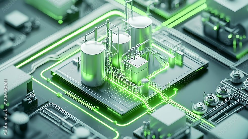 A 3D representation of interconnected industries, factories, and farms, glowing paths linking them, cool tones with green highlights, minimalist clean design, soft lighting evoking sustainability A 3D representation of interconnected industries, factories, and farms, glowing paths linking them, cool tones with green highlights, minimalist clean design, soft lighting evoking sustainability