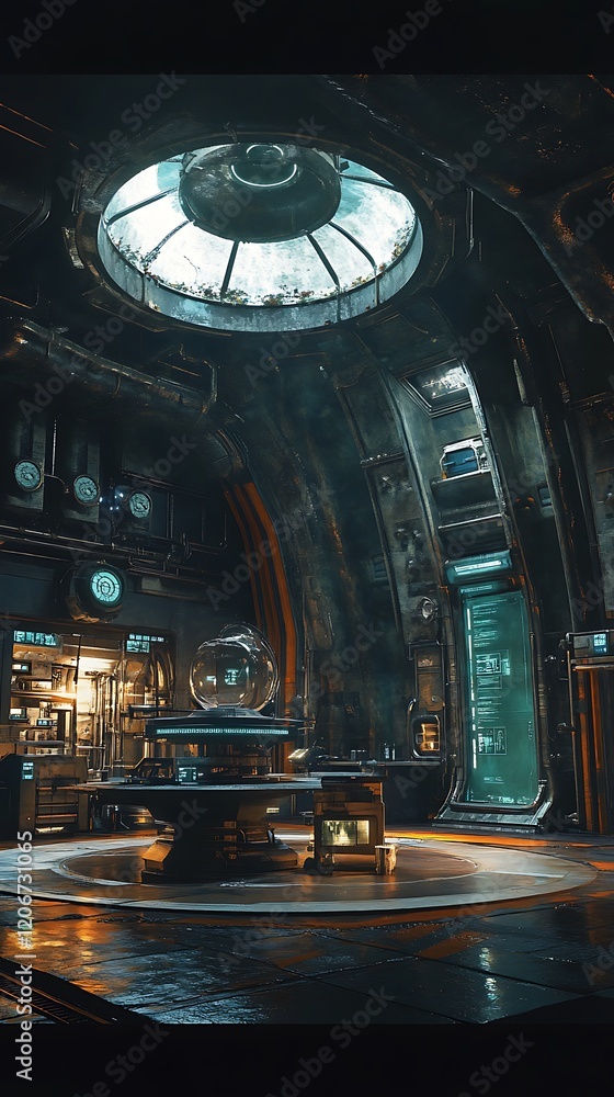 Fototapeta premium A futuristic laboratory with advanced technology and a central globe.
