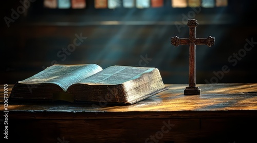 A serene moment with a Bible and cross illuminated by soft sunlight.