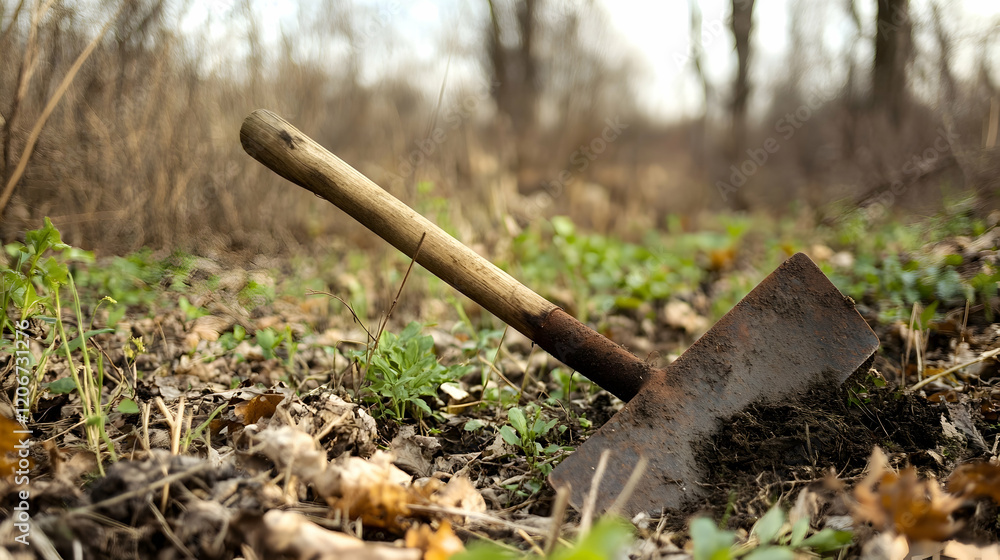 Fototapeta premium Rusty shovel in autumn woods; gardening, landscaping, or digging