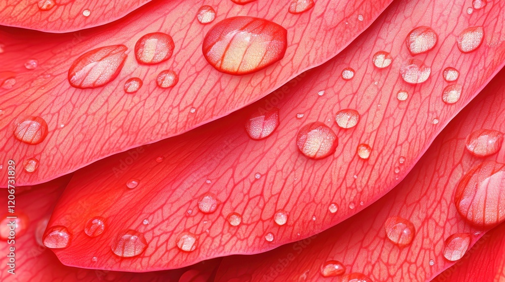 Fototapeta premium Close up Dew Drops on Vibrant Red Flower Petals Macro Photography