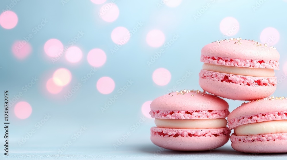 Obraz premium Delicious Pink Macarons with Gold Glitter on a Pastel Blue Background